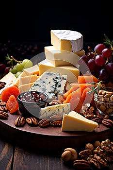 Cheese plate with grapes and nuts. Selective focus.