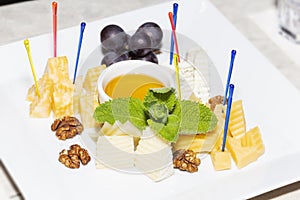 Cheese plate served with grapes, walnuts and honey close-up