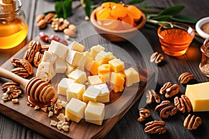 Cheese plate served with nuts, honey, dry fruits on a wooden background.