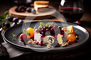 Cheese plate with soft cheese, fruit sauce and red wine. AI generated.
