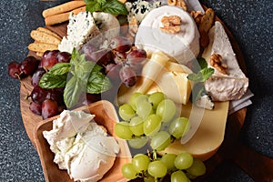 Cheese platter with assorted cheeses, grapes, nuts and snacks .