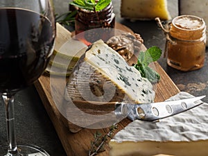 Cheese platter with blue cheeses, fruits, nuts and wine on stone background. Tasty cheese starter