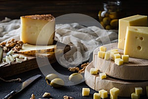 Cheese platter of chopped Swedish hard cheese, sliced Spanishmanchego and Italian pecorino toscano on wooden boards, with olives photo