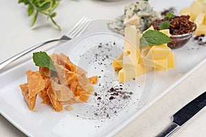 Cheese platter with different sorts of cheese,