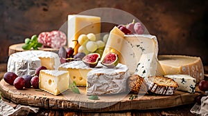 Cheese platter with different types of cheese, grapes and nuts