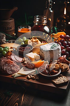 Cheese platter with different types of cheese, ham, salami, grapes, nuts and honey.