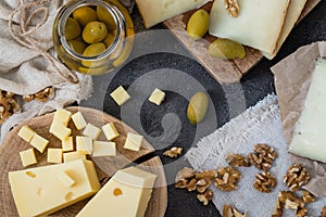 Cheese platter of different types of hard cheese Swedish, Spanish and Italian