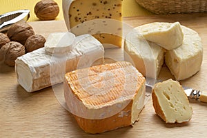 Cheese platter with French and Belgian cheese close up