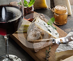 Cheese platter with organic cheeses, fruits, nuts and wine on stone background. Tasty cheese starter