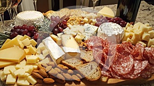 A cheese platter with various cheeses, nuts, bread, and wine, ideal for a gathering