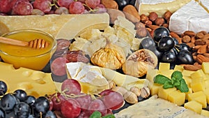 Cheese platter with various types of cheese - parmesan brie roquefort camembert maasdam. Gourmet appetizer, snack food. Assortment