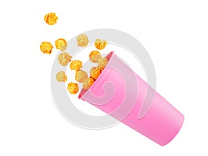 Cheese popcorn in pink cup isolated on white background