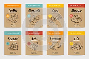 Cheese posters. Gourmet food vintage sketch. Organic cheesy snacks menu design. Farm dairy products package. Natural