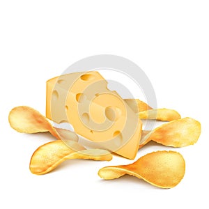 Cheese and potato chips 3D realistic icon for snack product packaging design