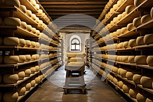 Cheese production in a cellar of a winery in Italy, A cheese aging cellar with rows of cheese wheels on wooden shelves, AI