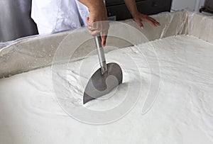 Cheese production creamery dairy worker mixing