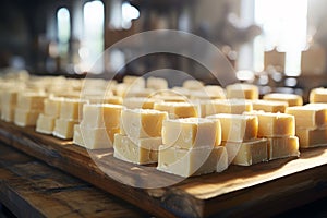 Cheese production unfolds in a dairy factory