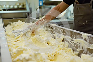 Cheese production worker separating curds with tools