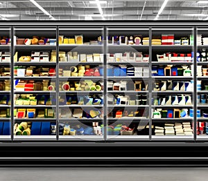 Cheese products in Glass door fridge at supermarket