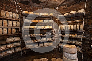 Cheese in ripening cellar on familiar industry