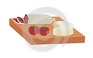 Cheese, salami, and tomatoes on cutting board. Flat design of appetizer platter. Gourmet snacks vector illustration