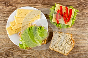 Cheese, sandwich with lettuce in plate, sandwich with cheese, leaves of lettuce, pepper, slice of bread on table. Top view