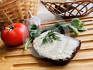 Cheese sandwich on a wooden Board photo