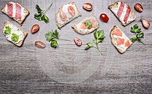 Cheese sandwiches with tomatoes on a branch and herbs cherry tomatoes and salmon on wooden rustic background top view border ,pla