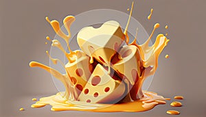 Cheese sauce splashing Heart Shape cheddar 3d rendering splash melted drip yellow ingredient liquid epicure natural icon three-