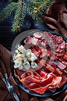 Cheese, sausages, dry aged pork meat, close-up