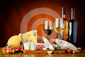 Cheese, sausages and wine