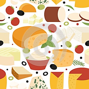 Cheese seamless pattern. Dairy products, tomatoes, olives and basil. Fresh food, italian or greek cuisine fabric print