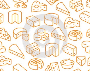 Cheese seamless pattern with flat line icons. Vector background, illustrations of parmesan, mozzarella, yogurt, dutch