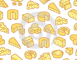Cheese seamless pattern with flat line icons. Vector background, illustrations of parmesan, mozzarella, yogurt, dutch