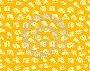 Cheese seamless pattern with silhouette icons. Vector background, illustrations of parmesan, mozzarella, yogurt, dutch