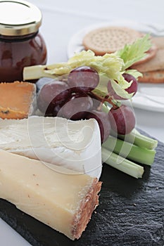 Cheese selection on slate platter