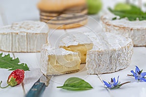 Cheese selection on wooden rustic background. Cheese platter with different cheeses, served with Fruits,