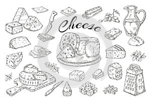 Cheese sketch. Hand drawn milk products, gourmet food slices, cheddar Parmesan brie. Vector breakfast vintage photo