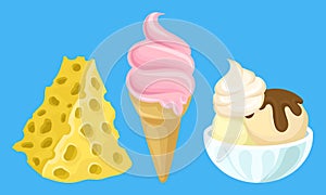 Cheese Slab and Ice Cream Cone and in Glass Bowl as Dairy Product Vector Illustration Set