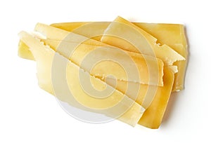 Cheese slices isolated on white, from above