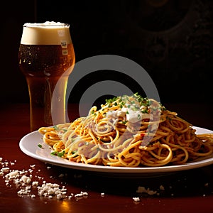Cheese Spaghetti On Plate With Glass Of Beer - A Weathercore Hispanicore Art photo