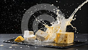Cheese Splash with High-Speed Motion on Black Background