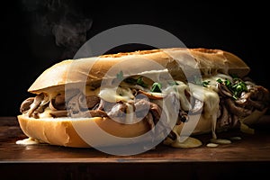 Cheese Steak Sandwich, Philly Cheesesteak with Onions, Mushroom, Provolone, Abstract Generative AI Illustration