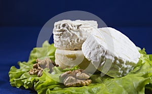 Cheese of three varieties on a plate with lettuce leaves and walnuts Saint-remy, Crottin d Eyubonne, Shayba