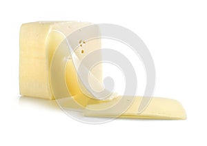 Melting cheese and slices cut on a white background photo