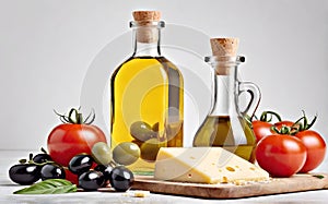 Cheese with tomatoes, black and green olives and a bottle of oil on a wooden board. Food still life of cheese with tomatoes and