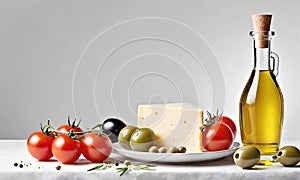 Cheese with tomatoes and a bottle of oil on a light background. Cheese, tomatoes, olives and a bottle of oil on the table