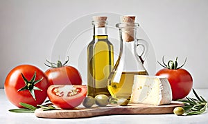Cheese with tomatoes and bottles of oil on a light background