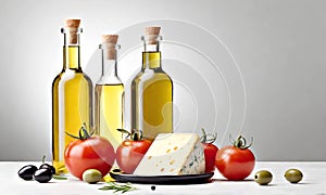 Cheese with tomatoes and bottles of oil on a light background. Conceptual food photo