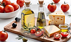 Cheese with tomatoes, olives and a bottle of oil on a wooden board. Food still life of cheese with tomatoes and olives on a light